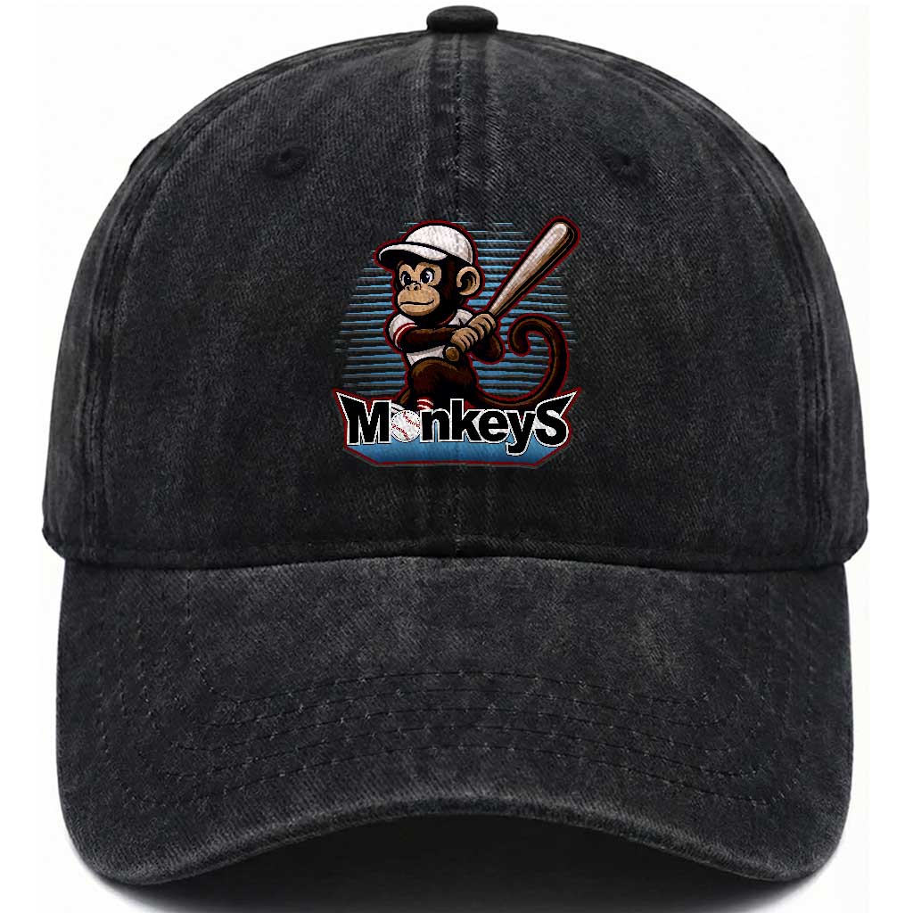 Funny Chimpanzee Swinging Bat Baseball Washed Cotton Baseball Cap Sport Humor Gift TS12 Washed Cap Universal Fit Black Print Your Wear
