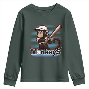 Funny Chimpanzee Swinging Bat Baseball Youth Sweatshirt Sport Humor Gift TS12 Dark Forest Green Print Your Wear