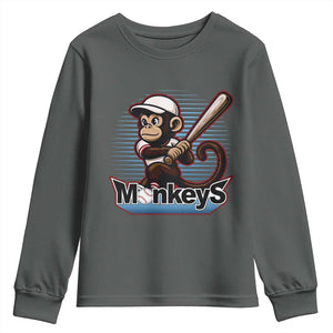 Funny Chimpanzee Swinging Bat Baseball Youth Sweatshirt Sport Humor Gift TS12 Dark Heather Print Your Wear