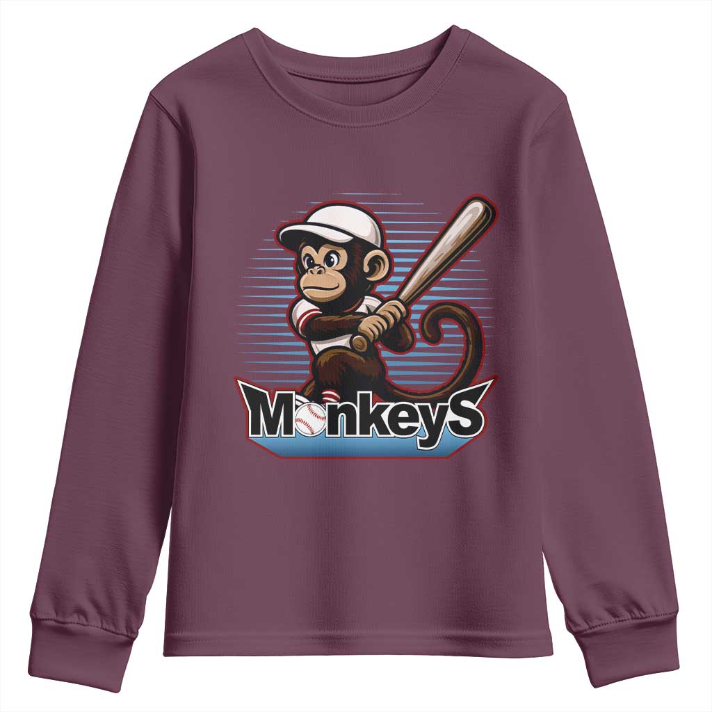 Funny Chimpanzee Swinging Bat Baseball Youth Sweatshirt Sport Humor Gift TS12 Maroon Print Your Wear