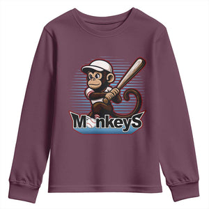 Funny Chimpanzee Swinging Bat Baseball Youth Sweatshirt Sport Humor Gift TS12 Maroon Print Your Wear