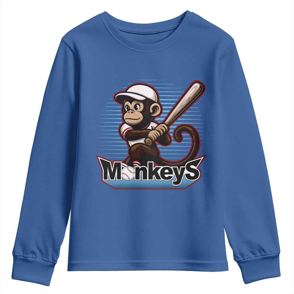 Funny Chimpanzee Swinging Bat Baseball Youth Sweatshirt Sport Humor Gift TS12 Royal Blue Print Your Wear