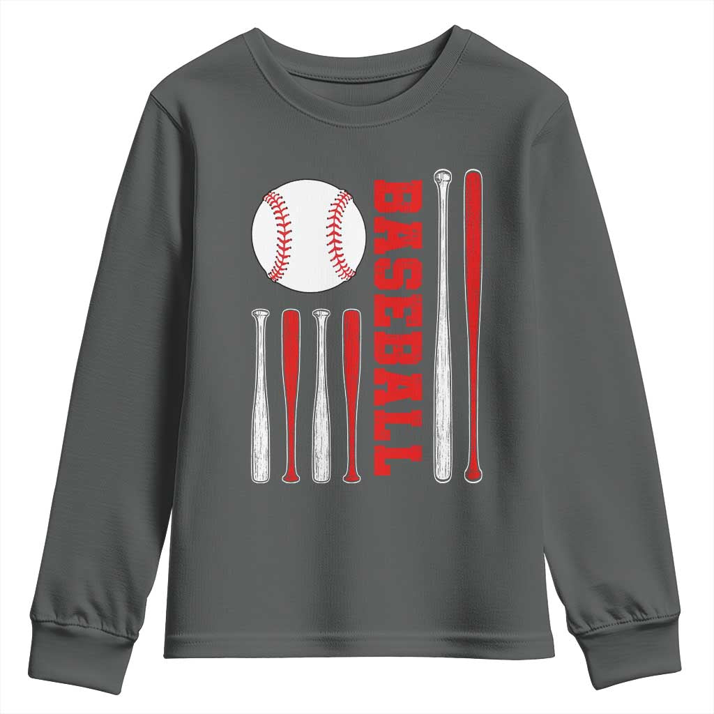 Patriotic Baseball American Flag Youth Sweatshirt Sports Lover Gift TS12 Dark Heather Print Your Wear