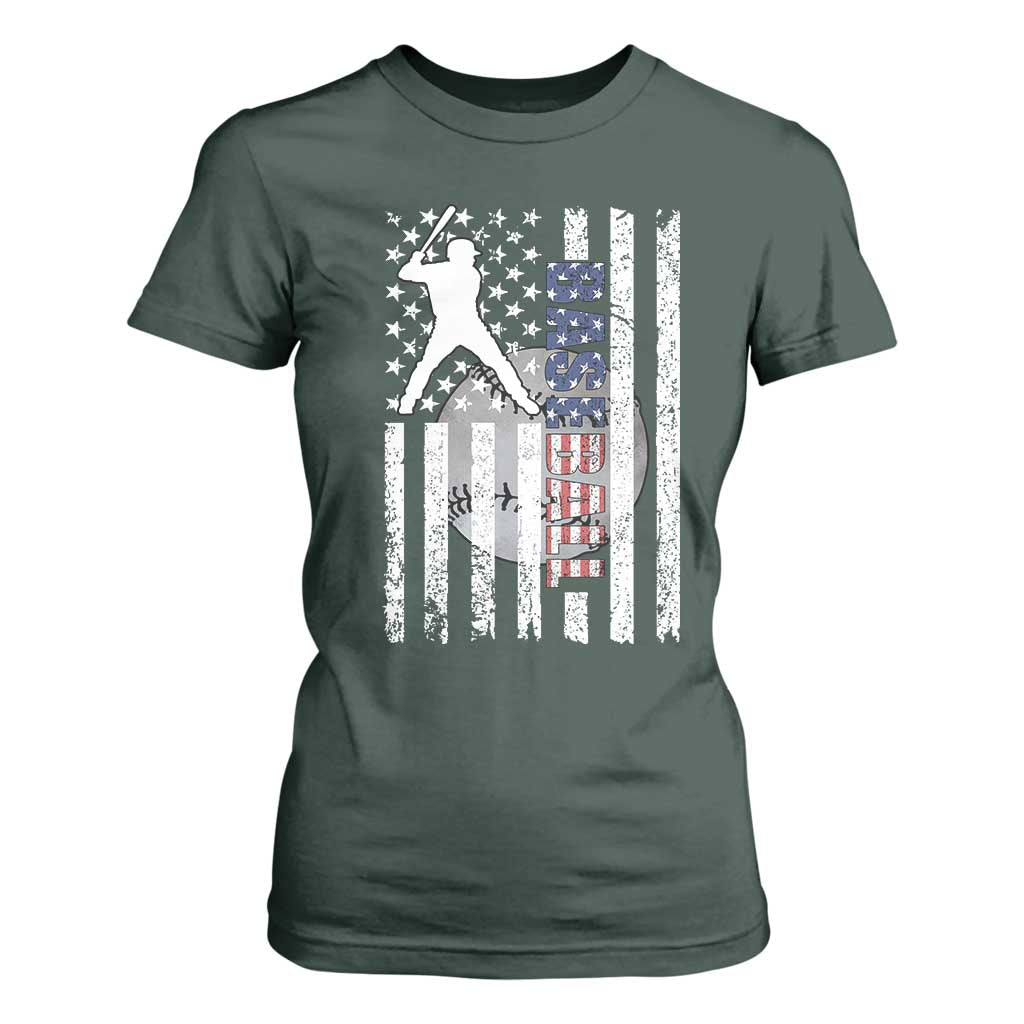 Patriotic Baseball Lover T Shirt For Women USA American Flag Gift TS12 Dark Forest Green Print Your Wear