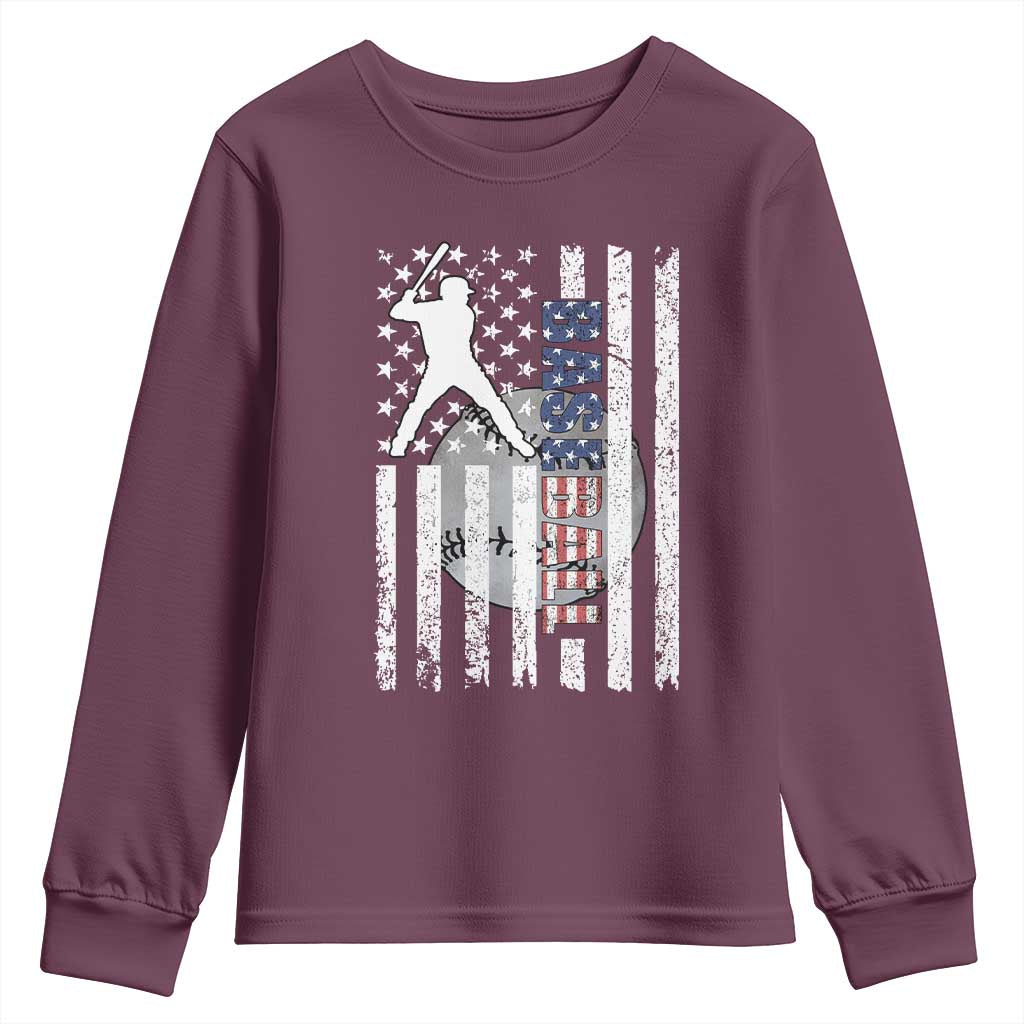 Patriotic Baseball Lover Youth Sweatshirt USA American Flag Gift TS12 Maroon Print Your Wear