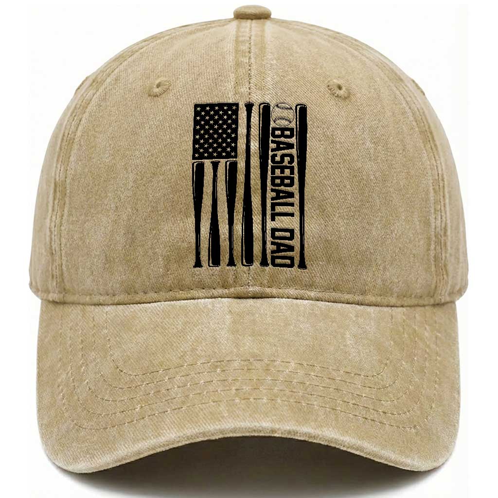 Baseball Dad Patriotic Washed Cotton Baseball Cap USA American Flag Gift TS12 Washed Cap Universal Fit Khaki Print Your Wear