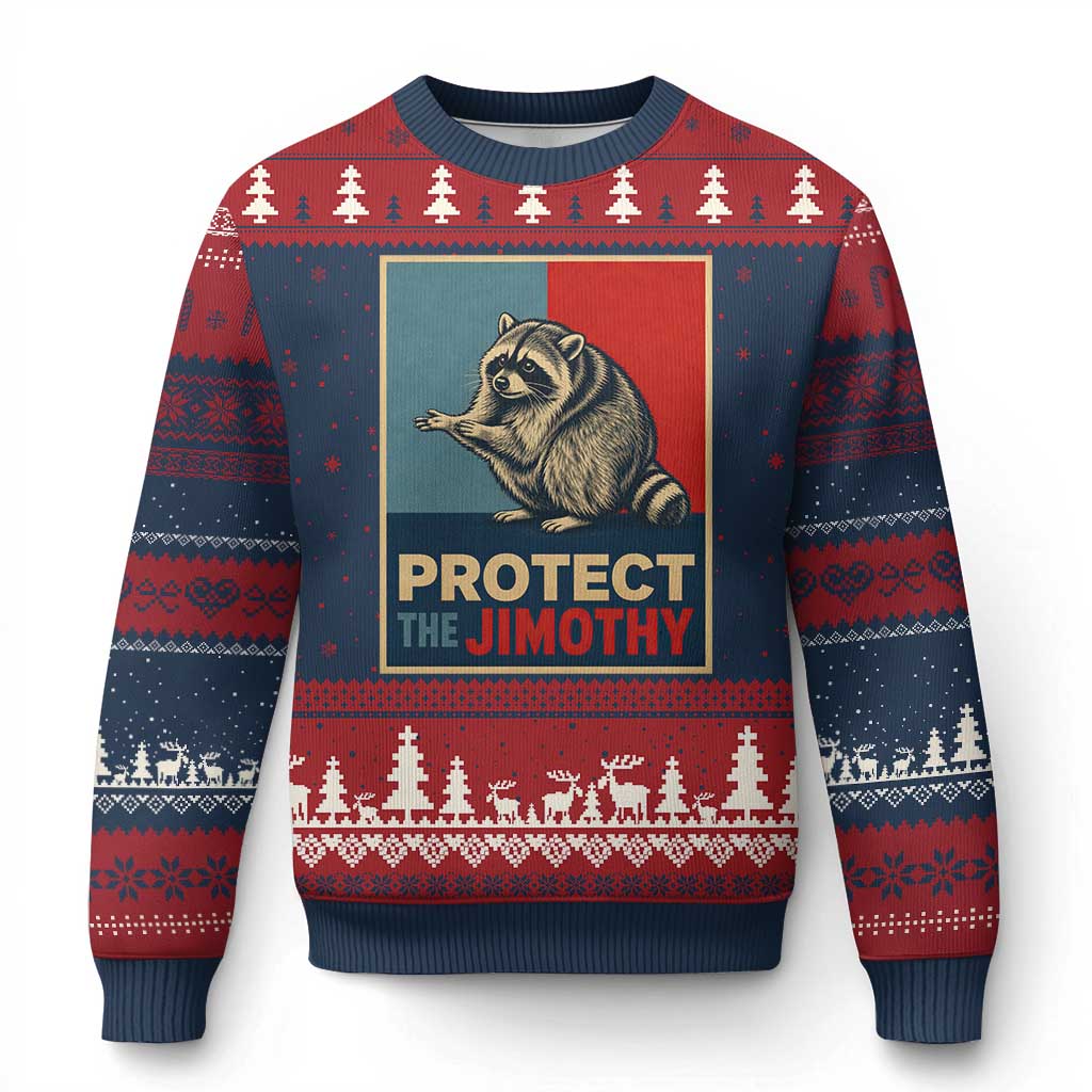 Protect The Jimothy Ugly Christmas Sweater Funny Retro Trash Panda Animal Lover Meme TS12 Navy Red Print Your Wear
