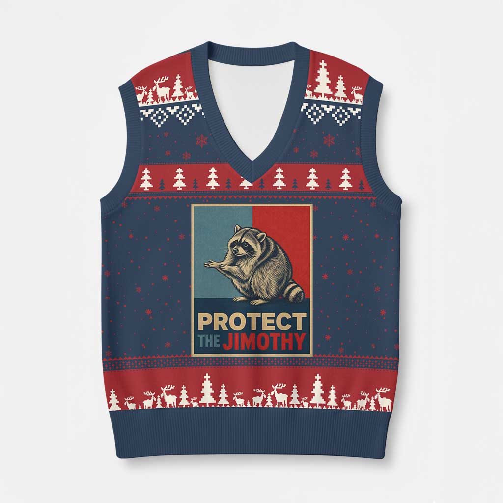 Protect The Jimothy V-Neck Knit Sweater Vest Funny Retro Trash Panda Animal Lover Meme TS12 Navy Red Print Your Wear