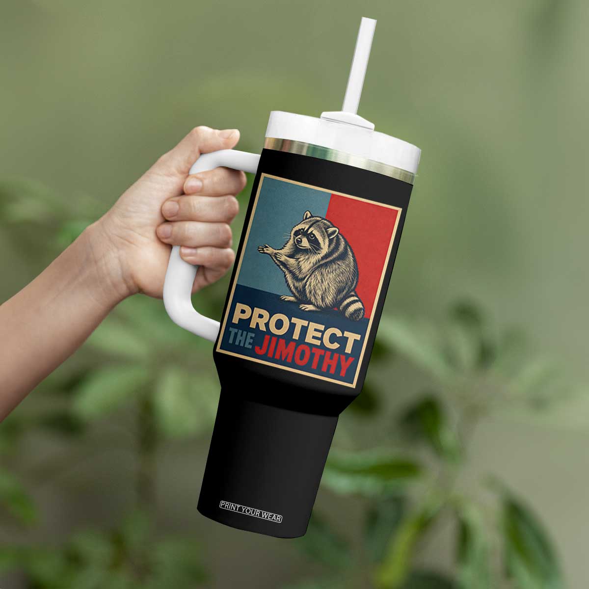 Protect The Jimothy Tumbler With Handle Funny Retro Trash Panda Animal Lover Meme