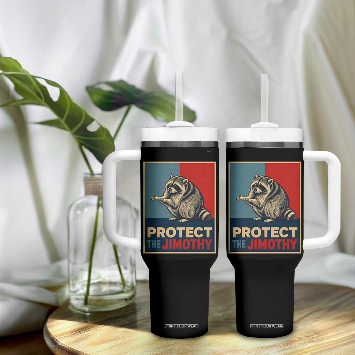 Protect The Jimothy Tumbler With Handle Funny Retro Trash Panda Animal Lover Meme