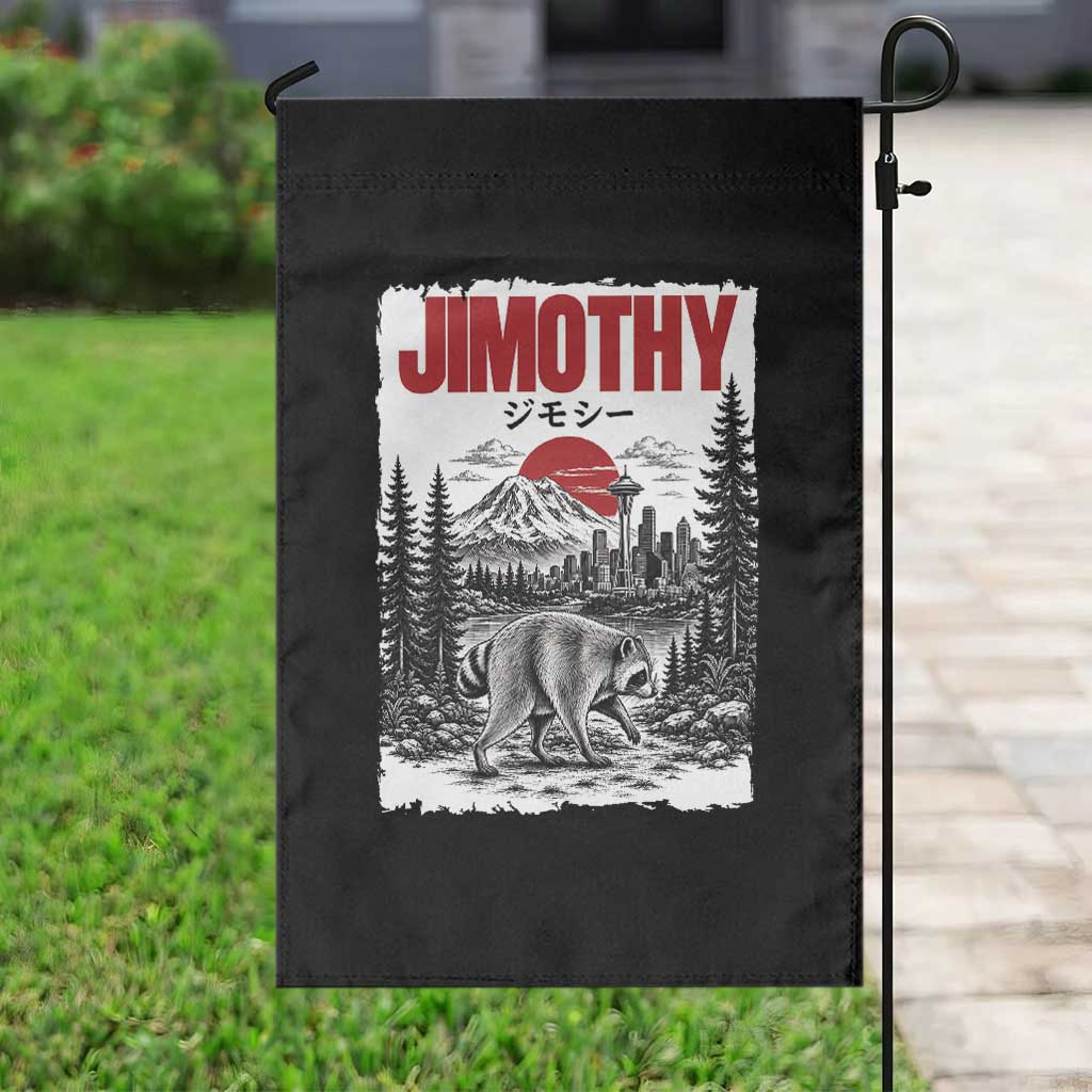 Jimothy The Raccoon Garden Flag Seattle Skyline Mount Rainier Japanese Retro Vintage Art