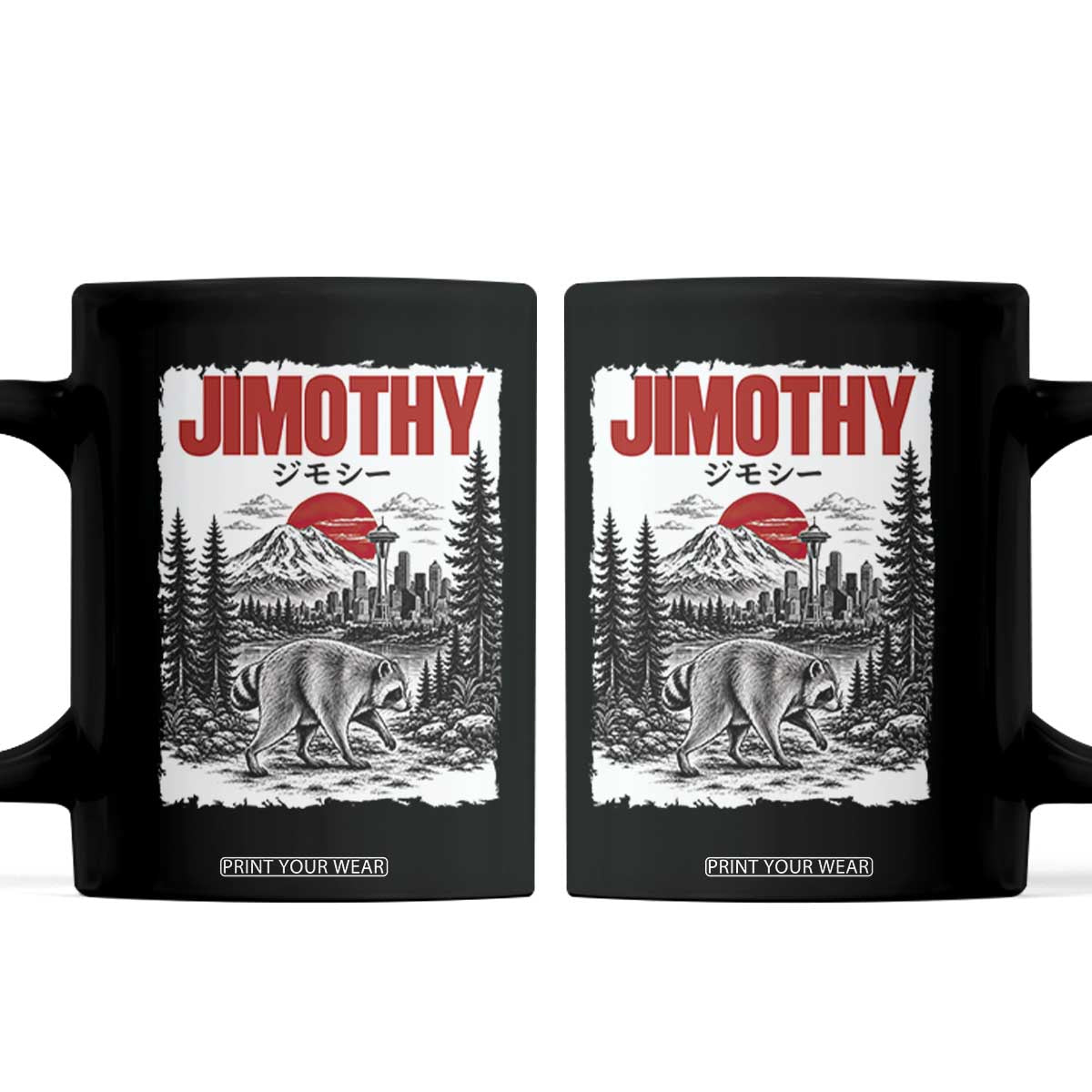 Jimothy The Raccoon Coffee Mug Seattle Skyline Mount Rainier Japanese Retro Vintage Art TS12 Black Print Your Wear