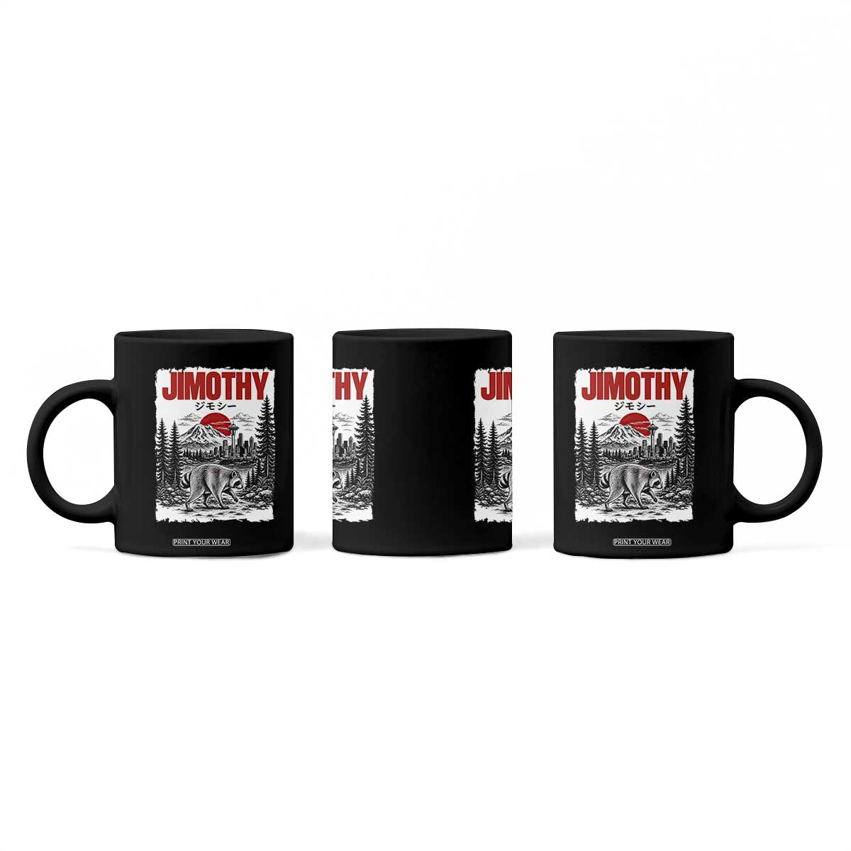 Jimothy The Raccoon Coffee Mug Seattle Skyline Mount Rainier Japanese Retro Vintage Art