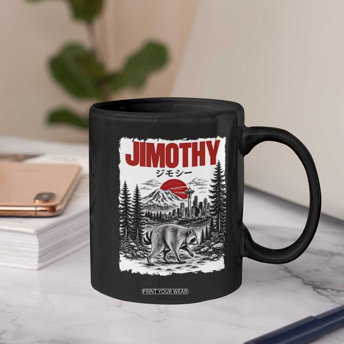 Jimothy The Raccoon Coffee Mug Seattle Skyline Mount Rainier Japanese Retro Vintage Art