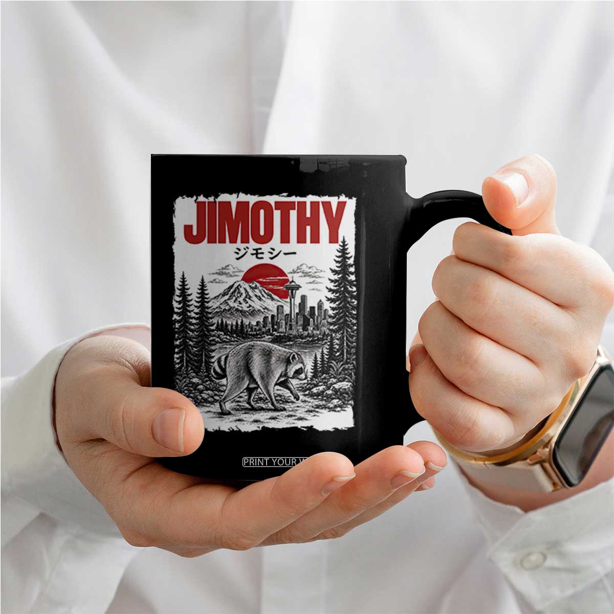 Jimothy The Raccoon Coffee Mug Seattle Skyline Mount Rainier Japanese Retro Vintage Art