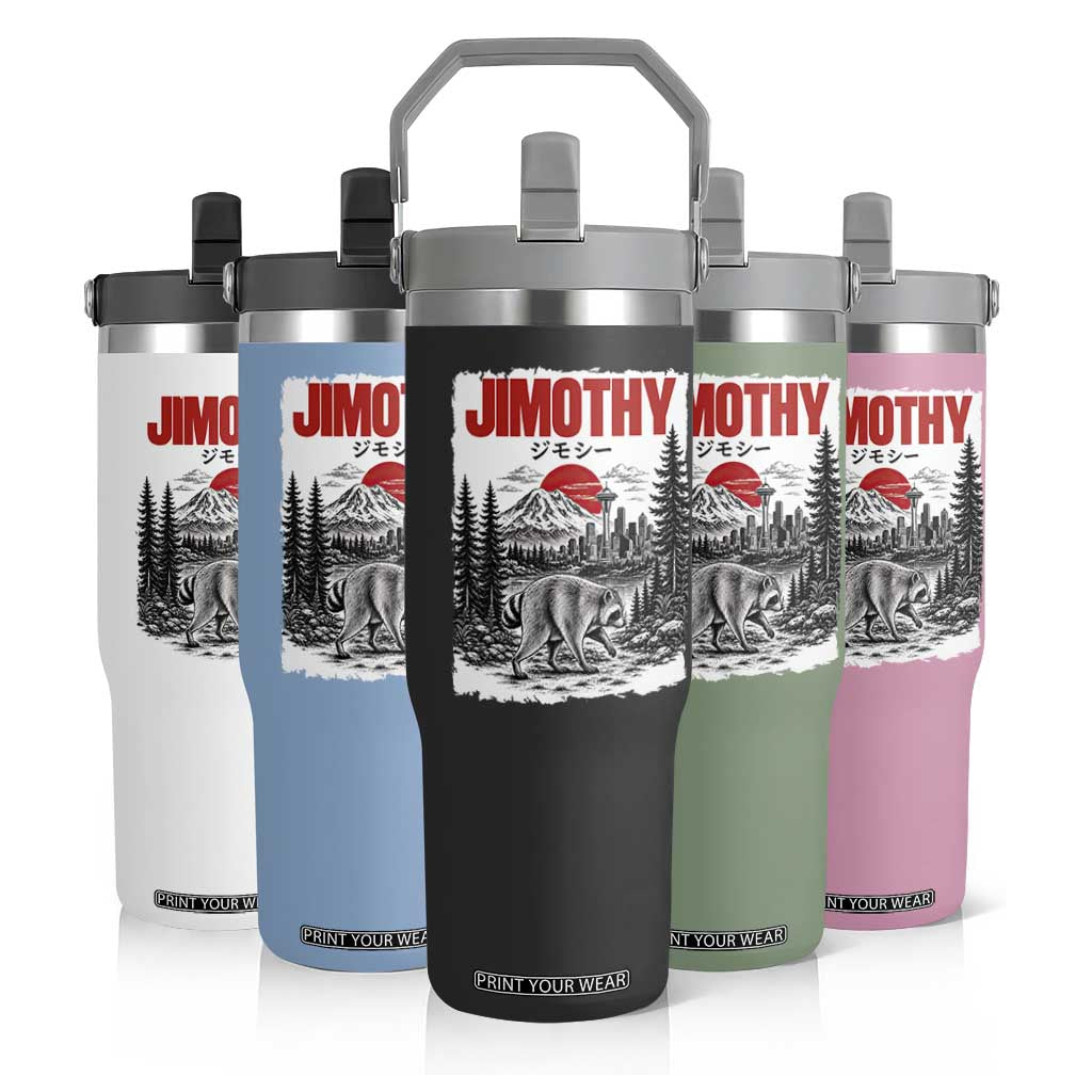Jimothy The Raccoon Flip Straw Tumbler Seattle Skyline Mount Rainier Japanese Retro Vintage Art