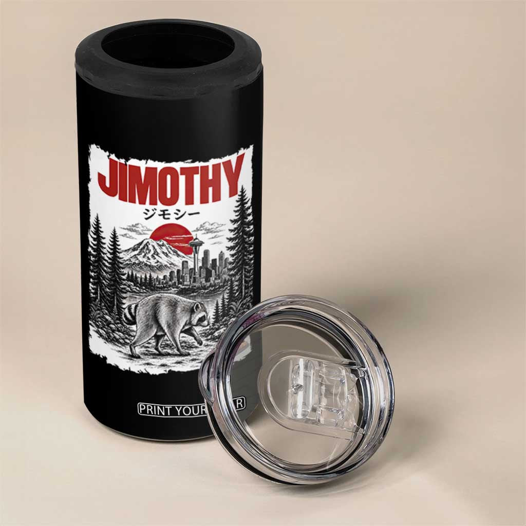 Jimothy The Raccoon 4 in 1 Can Cooler Tumbler Seattle Skyline Mount Rainier Japanese Retro Vintage Art