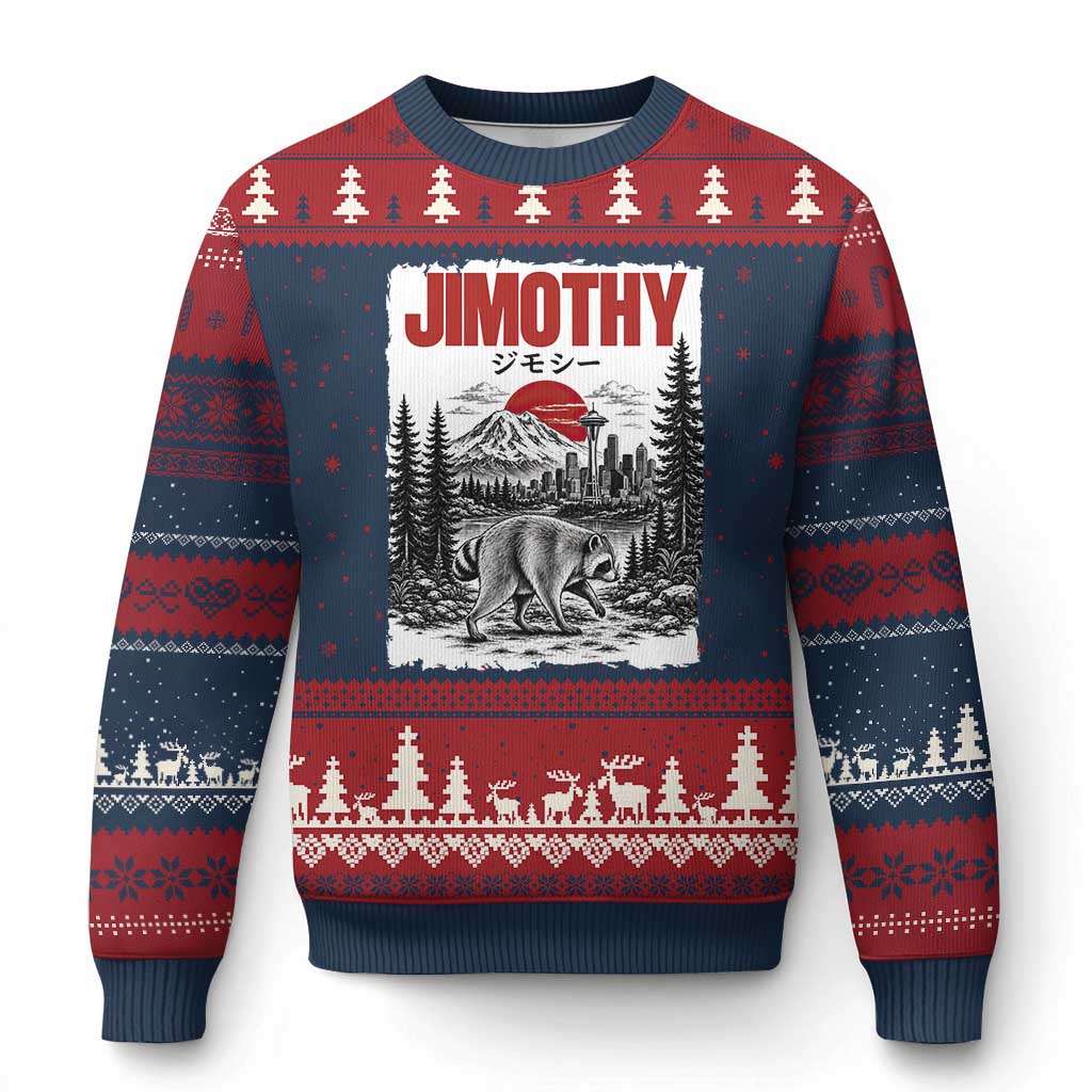 Jimothy The Raccoon Ugly Christmas Sweater Seattle Skyline Mount Rainier Japanese Retro Vintage Art TS12 Navy Red Print Your Wear