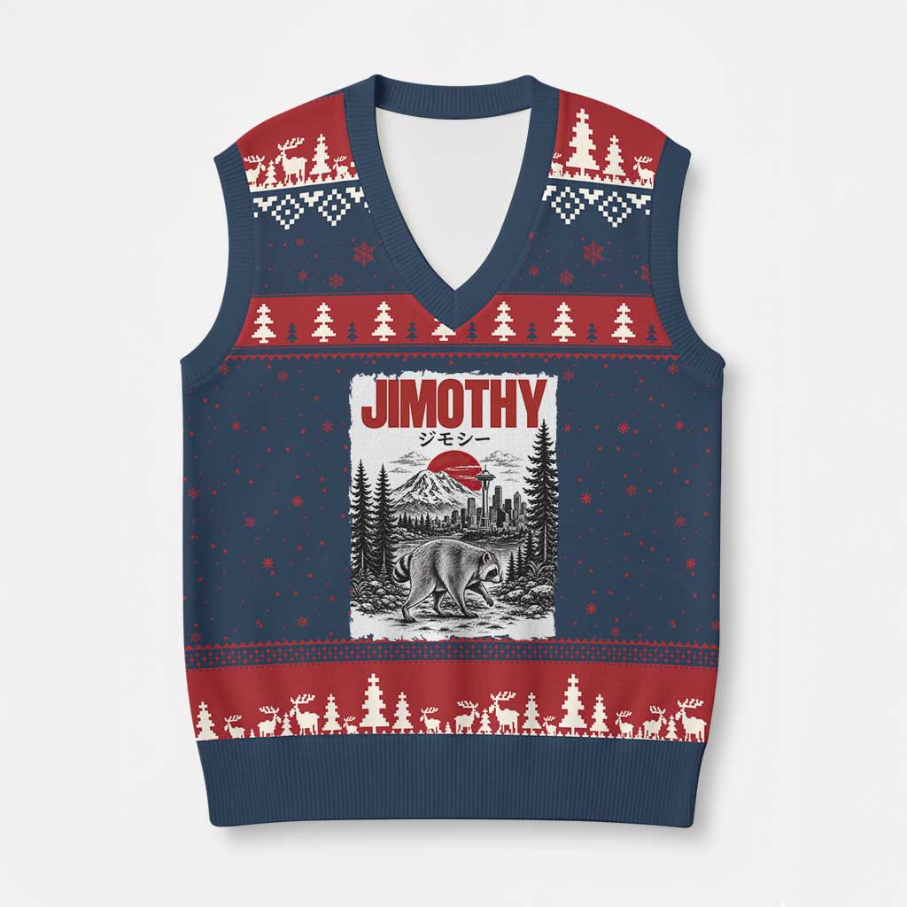 Jimothy The Raccoon V-Neck Knit Sweater Vest Seattle Skyline Mount Rainier Japanese Retro Vintage Art TS12 Navy Red Print Your Wear