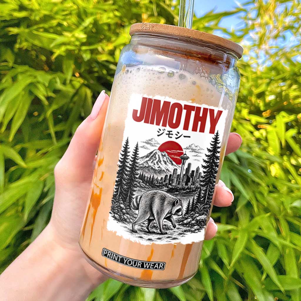 Jimothy The Raccoon Glass Can Seattle Skyline Mount Rainier Japanese Retro Vintage Art TS12 Black Print Your Wear