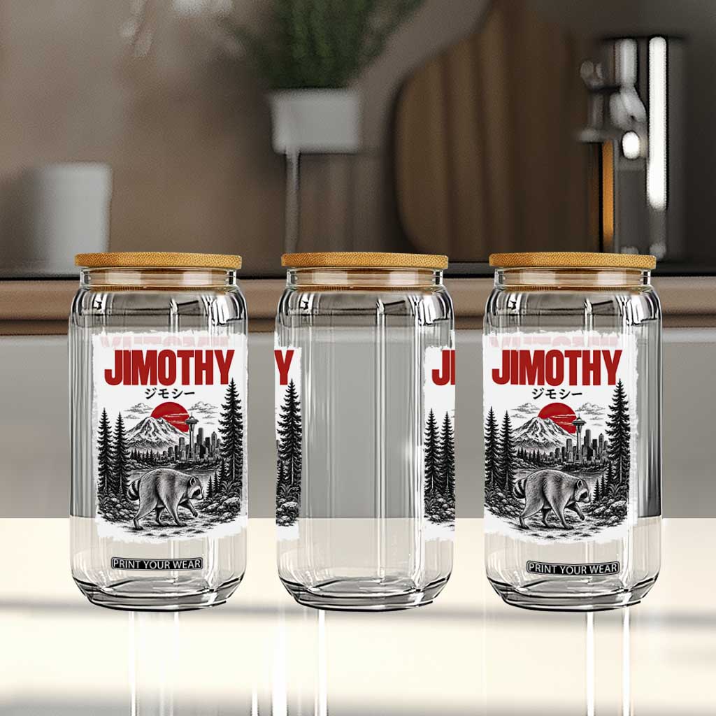 Jimothy The Raccoon Glass Can Seattle Skyline Mount Rainier Japanese Retro Vintage Art