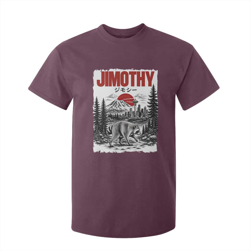 Jimothy The Raccoon T Shirt For Kid Seattle Skyline Mount Rainier Japanese Retro Vintage Art
