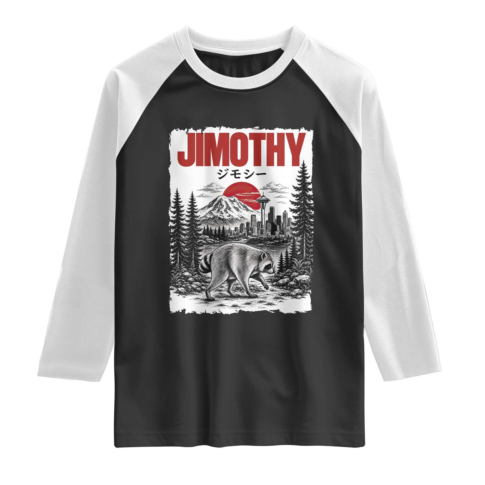 Jimothy The Raccoon Raglan Shirt Seattle Skyline Mount Rainier Japanese Retro Vintage Art TS12 Black White Print Your Wear