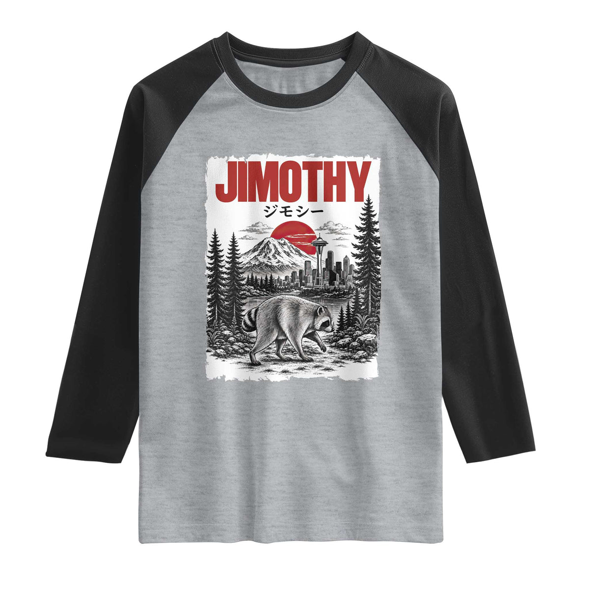 Jimothy The Raccoon Raglan Shirt Seattle Skyline Mount Rainier Japanese Retro Vintage Art