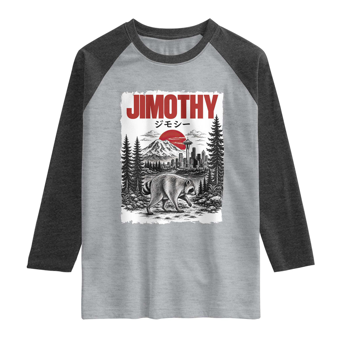 Jimothy The Raccoon Raglan Shirt Seattle Skyline Mount Rainier Japanese Retro Vintage Art
