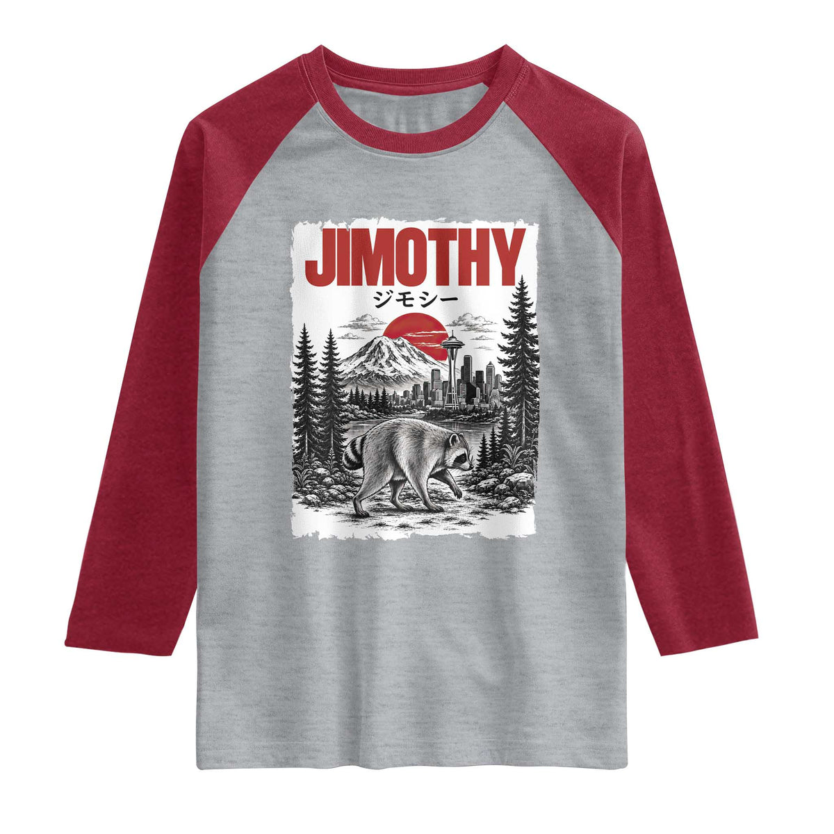 Jimothy The Raccoon Raglan Shirt Seattle Skyline Mount Rainier Japanese Retro Vintage Art