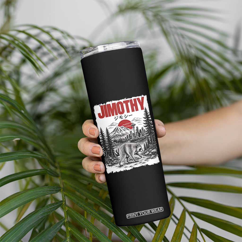 Jimothy The Raccoon Skinny Tumbler Seattle Skyline Mount Rainier Japanese Retro Vintage Art