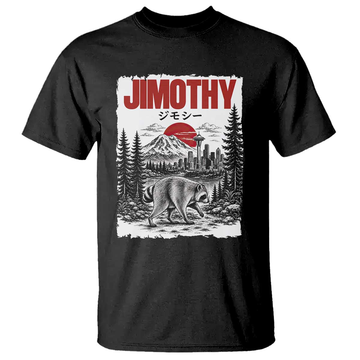 Jimothy The Raccoon T Shirt Seattle Skyline Mount Rainier Japanese Retro Vintage Art TS12 Black Print Your Wear