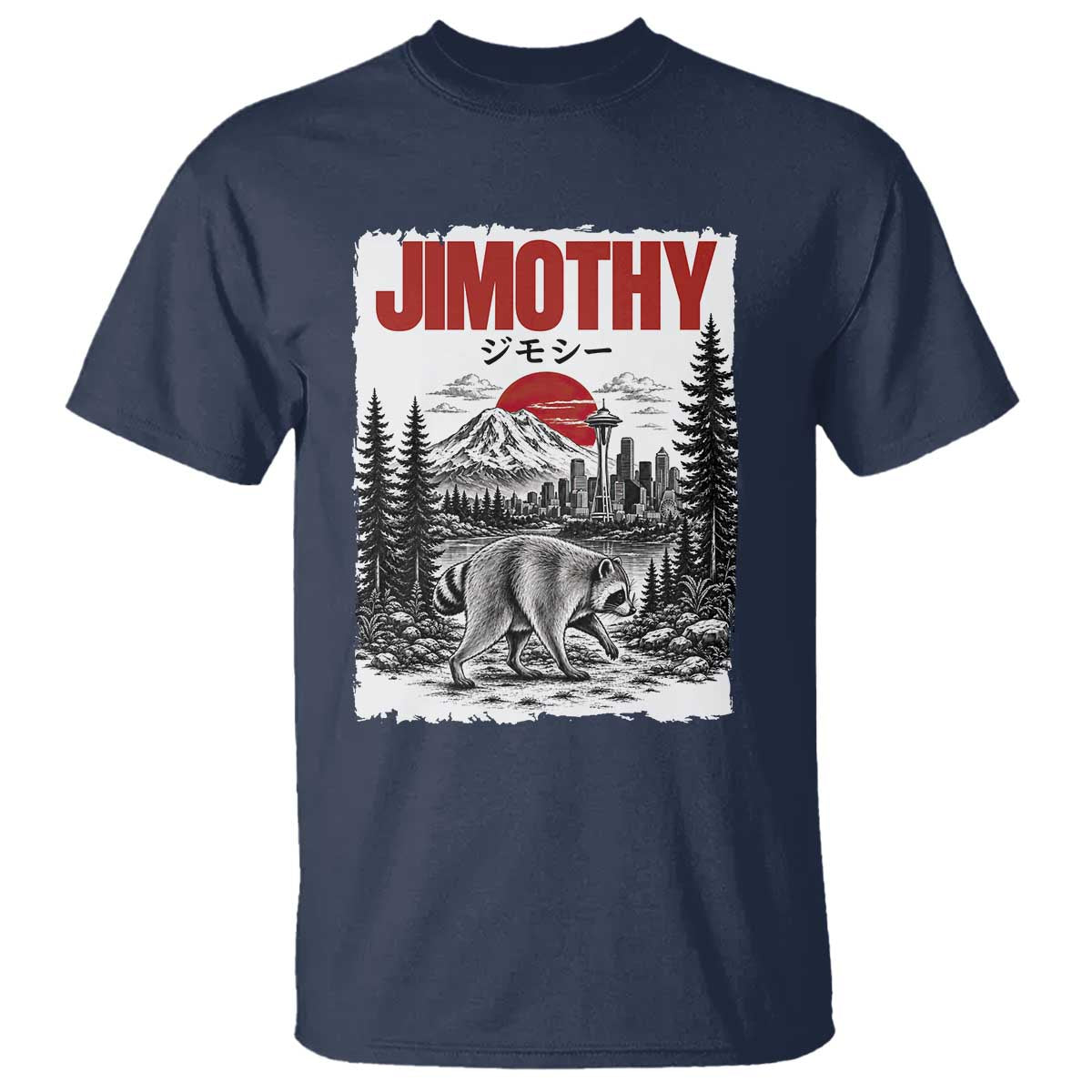 Jimothy The Raccoon T Shirt Seattle Skyline Mount Rainier Japanese Retro Vintage Art