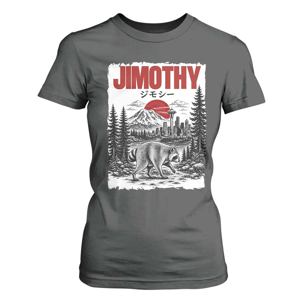 Jimothy The Raccoon T Shirt For Women Seattle Skyline Mount Rainier Japanese Retro Vintage Art