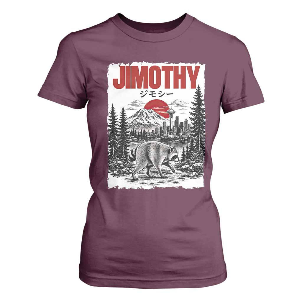 Jimothy The Raccoon T Shirt For Women Seattle Skyline Mount Rainier Japanese Retro Vintage Art