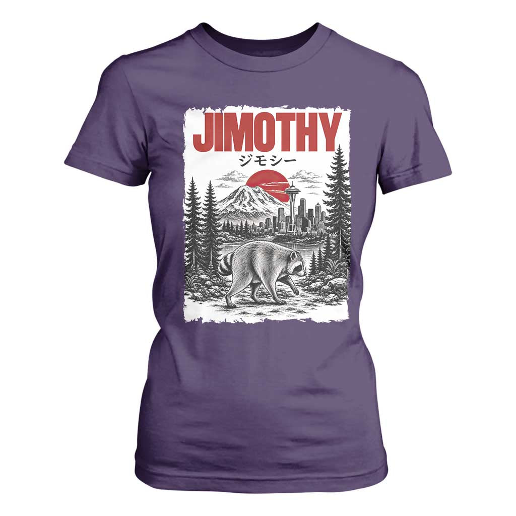 Jimothy The Raccoon T Shirt For Women Seattle Skyline Mount Rainier Japanese Retro Vintage Art