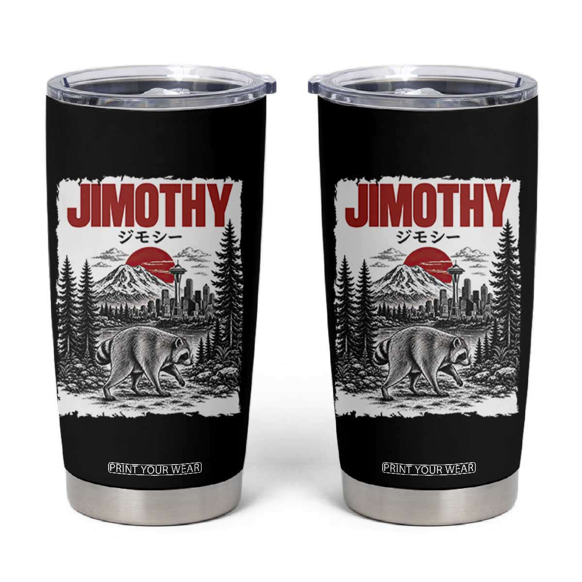 Jimothy The Raccoon Tumbler Cup Seattle Skyline Mount Rainier Japanese Retro Vintage Art TS12 Black Print Your Wear