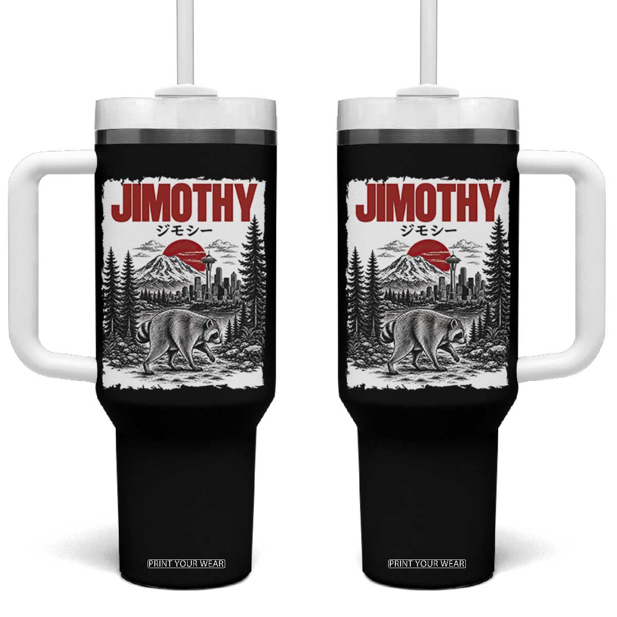 Jimothy The Raccoon Tumbler With Handle Seattle Skyline Mount Rainier Japanese Retro Vintage Art