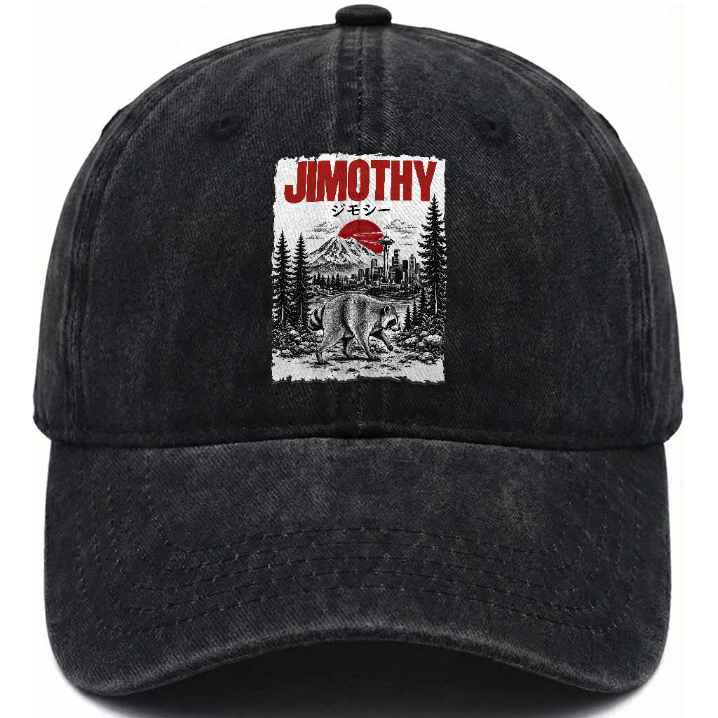 Jimothy The Raccoon Washed Cotton Baseball Cap Seattle Skyline Mount Rainier Japanese Retro Vintage Art TS12 Print Your Wear