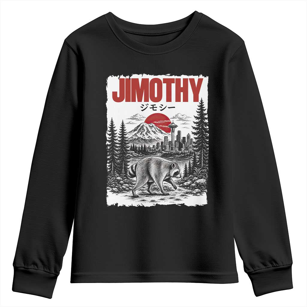 Jimothy The Raccoon Youth Sweatshirt Seattle Skyline Mount Rainier Japanese Retro Vintage Art TS12 Black Print Your Wear