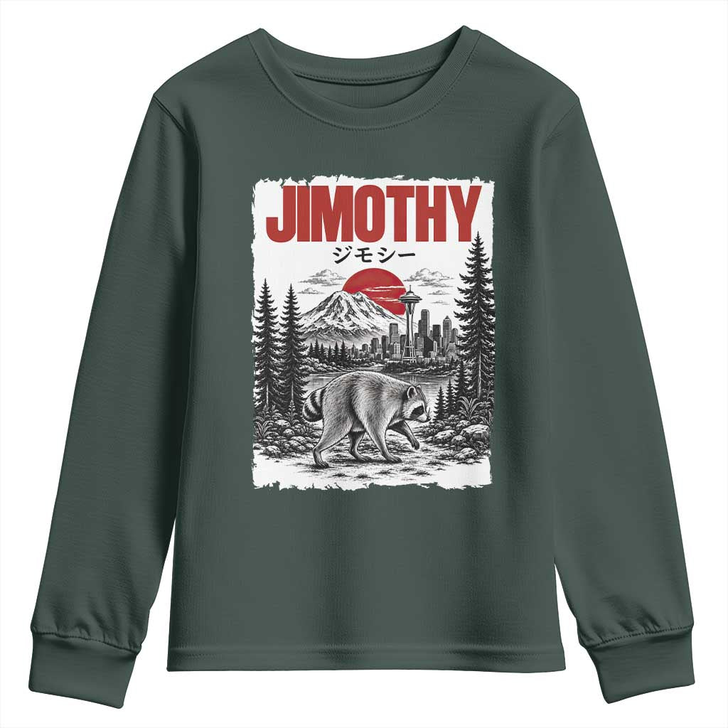 Jimothy The Raccoon Youth Sweatshirt Seattle Skyline Mount Rainier Japanese Retro Vintage Art