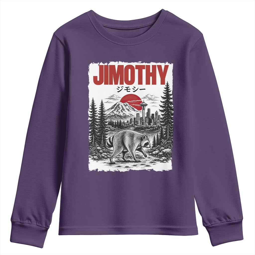 Jimothy The Raccoon Youth Sweatshirt Seattle Skyline Mount Rainier Japanese Retro Vintage Art