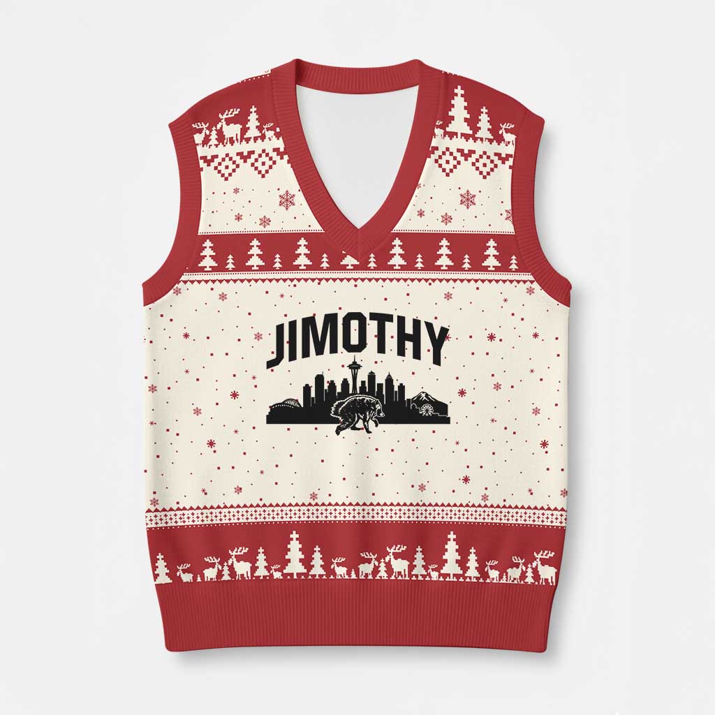 Jimothy The Raccoon V-Neck Knit Sweater Vest Seattle Space Needle Mount Rainier Landscape Art TS12 Beige Red Print Your Wear