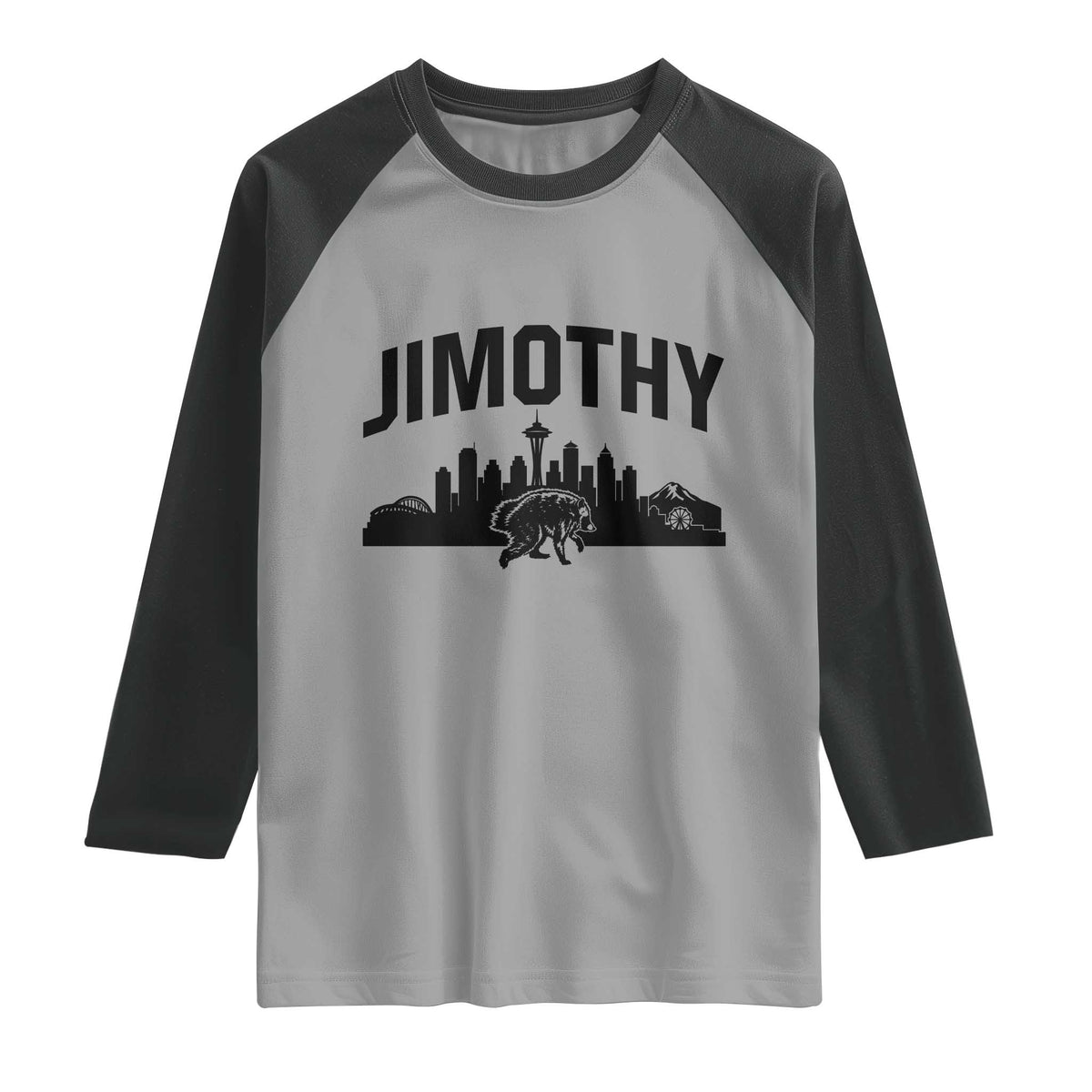 Jimothy The Raccoon Raglan Shirt Seattle Space Needle Mount Rainier Landscape Art