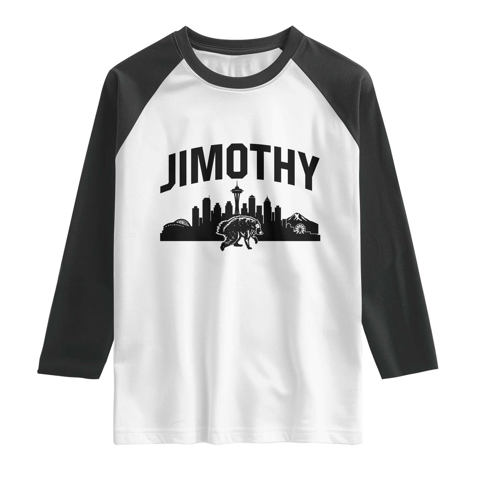 Jimothy The Raccoon Raglan Shirt Seattle Space Needle Mount Rainier Landscape Art TS12 White Black Print Your Wear