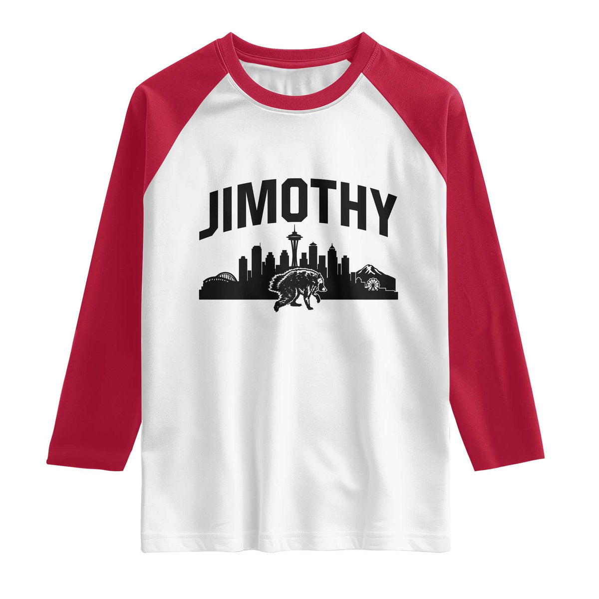 Jimothy The Raccoon Raglan Shirt Seattle Space Needle Mount Rainier Landscape Art