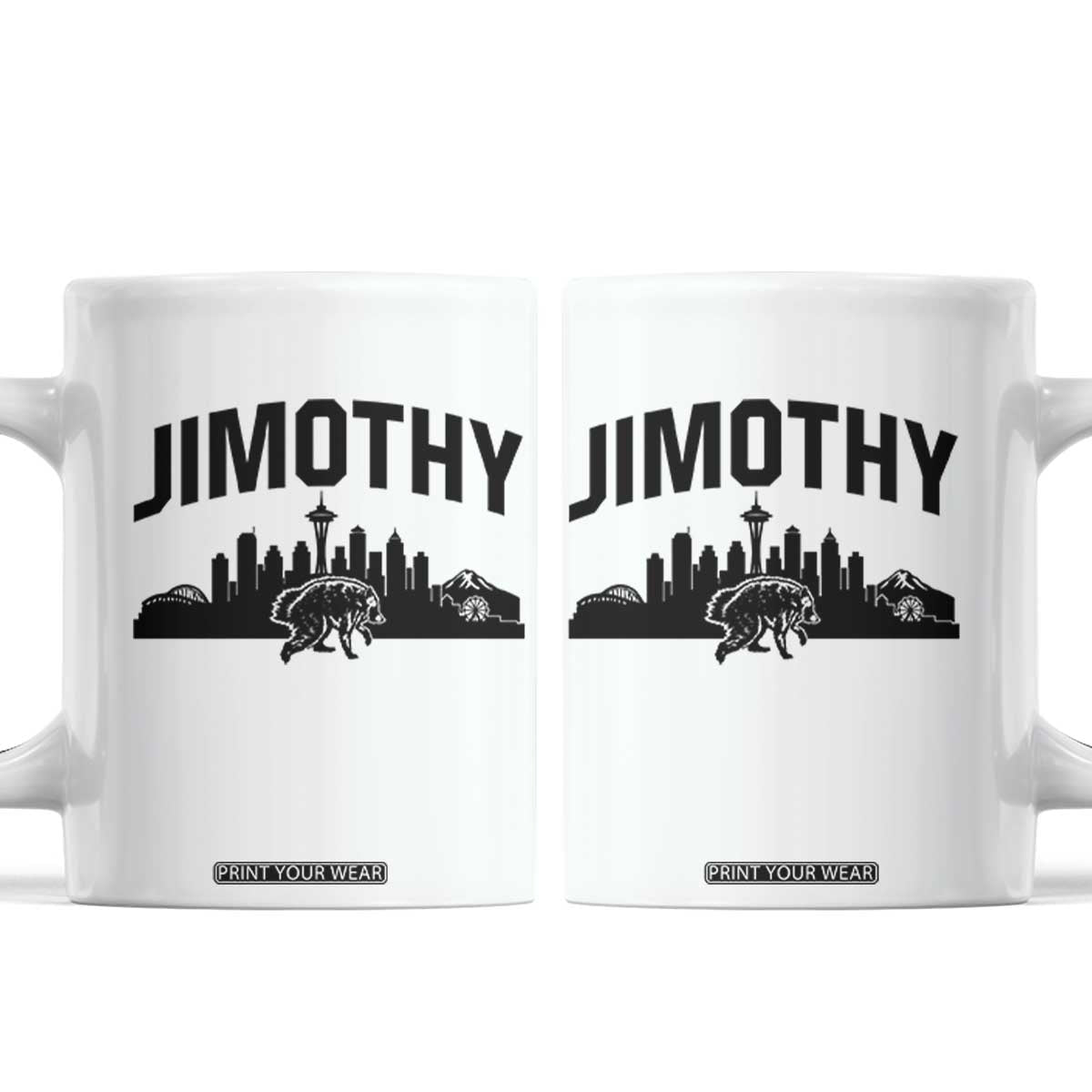 Jimothy The Raccoon Coffee Mug Seattle Space Needle Mount Rainier Landscape Art TS12 White Print Your Wear