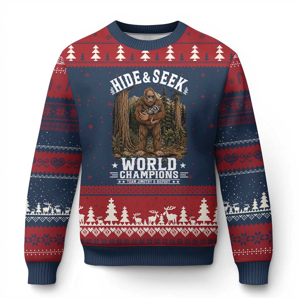 Bigfoot Jimothy The Raccoon Cryptid Animal Friendship Ugly Christmas Sweater Hide And Seek World Champions