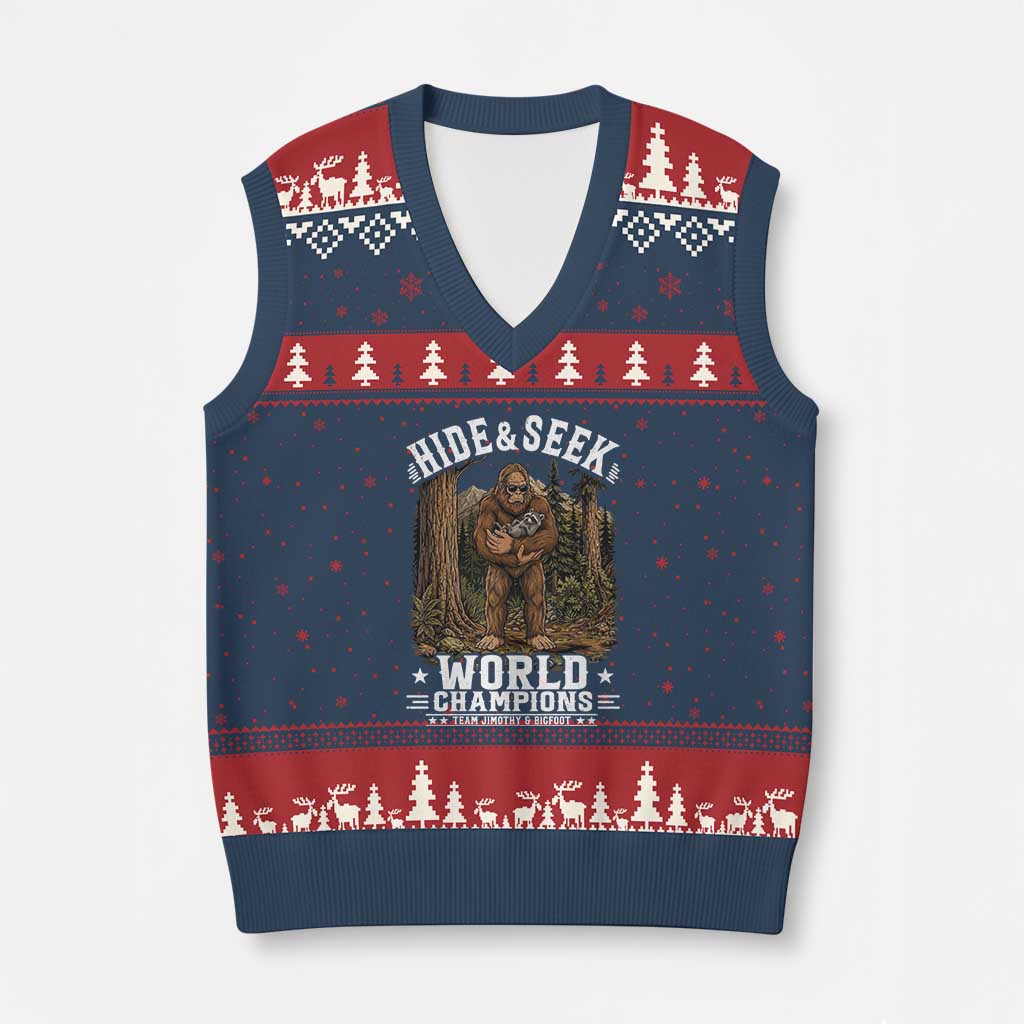 Bigfoot Jimothy The Raccoon Cryptid Animal Friendship V-Neck Knit Sweater Vest Hide And Seek World Champions TS12 Navy Red Print Your Wear