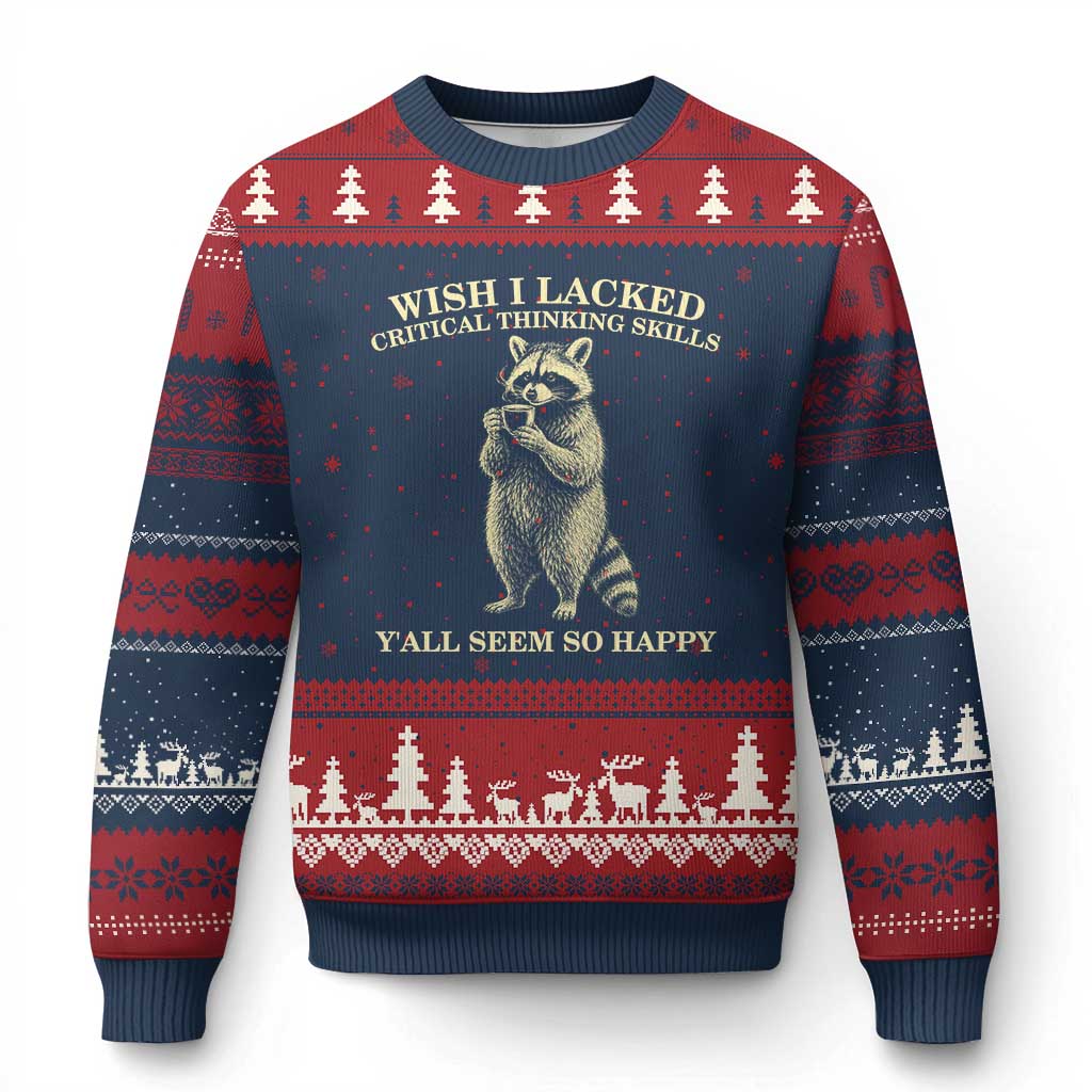 Funny Raccoon Coffee Drinker Ugly Christmas Sweater Wish I Lacked Critical Thinking Skills TS12 Navy Red Print Your Wear